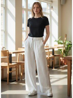 Loft Womens High-Rise Striped Wide-Leg Trousers 10 White Gray Linen Casual Offic